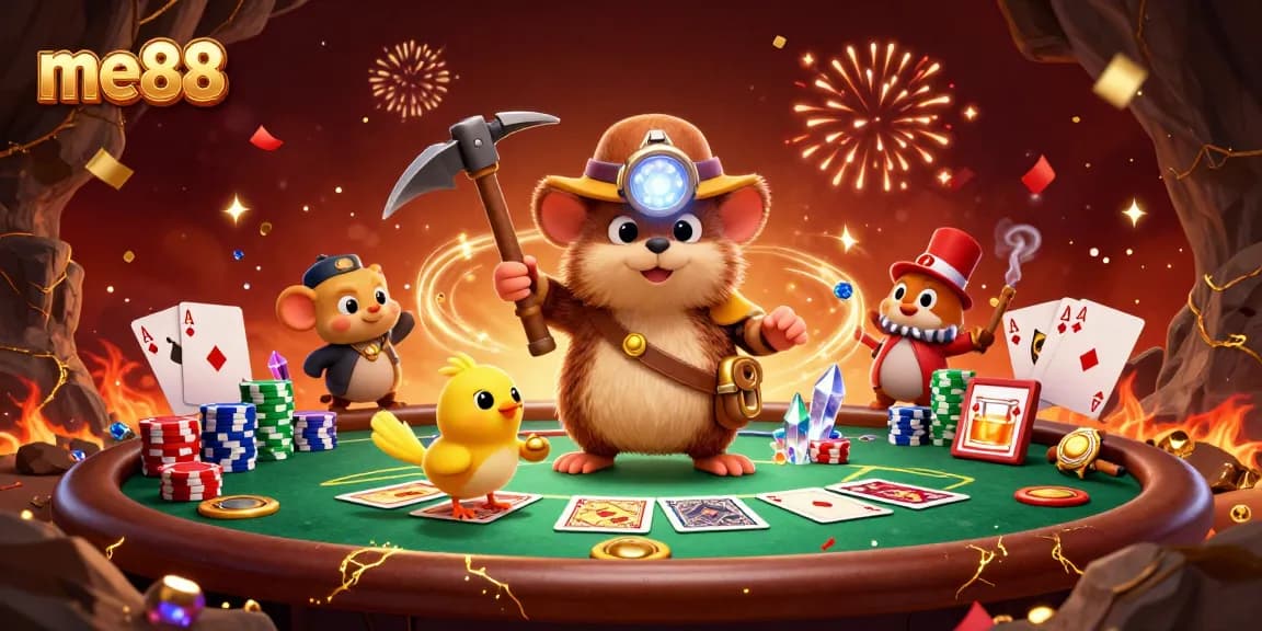 me88 thrills with a vibrant 3D illustration featuring a treasure hunter mole surrounded by poker chips.