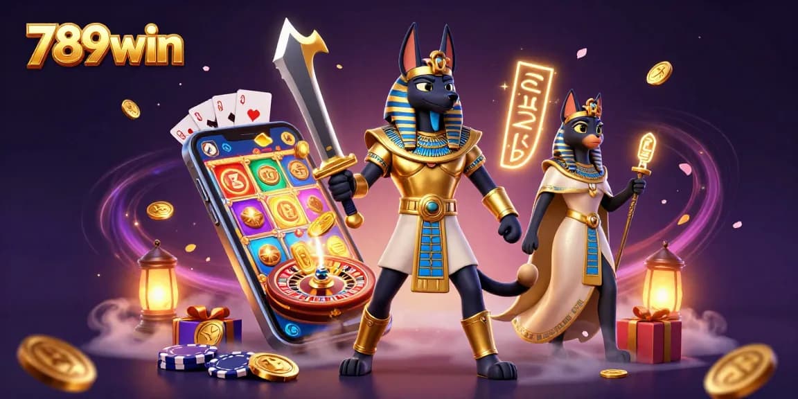 Engage in thrilling gameplay at 789win with ancient Egyptian warriors among colorful casino elements.