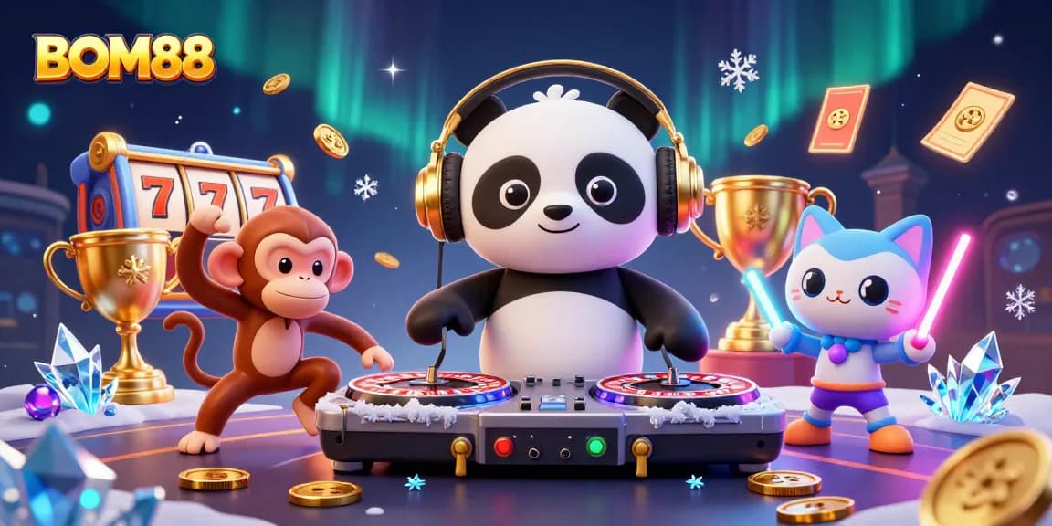 BOM88's vibrant casino scene showcasing a DJ panda, a dancing monkey, and a glow-stick kitten celebrating gaming wins.