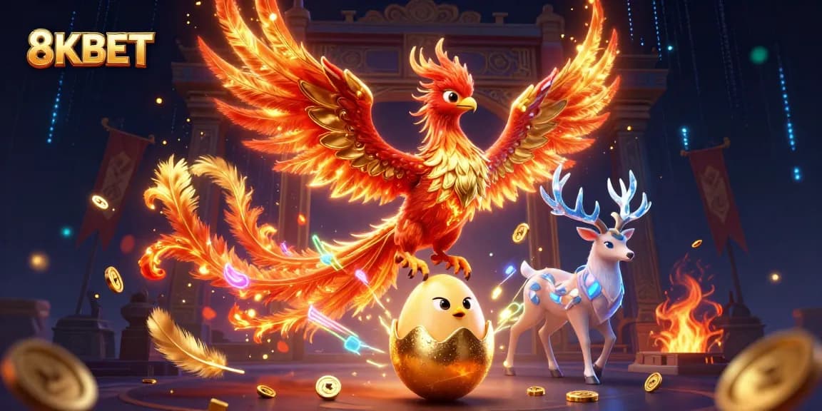 Immerse yourself in 8KBET's thrilling fire phoenix scene, blending dynamic gambling elements and high-energy visuals.