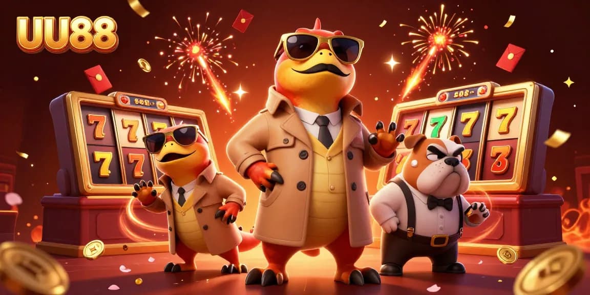 UU88 raptors disguised in a trench coat entering a casino with vibrant gaming elements.