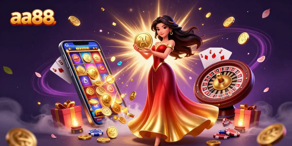 Experience the thrill of aa88 with an enchanting golden coin and vibrant casino elements.