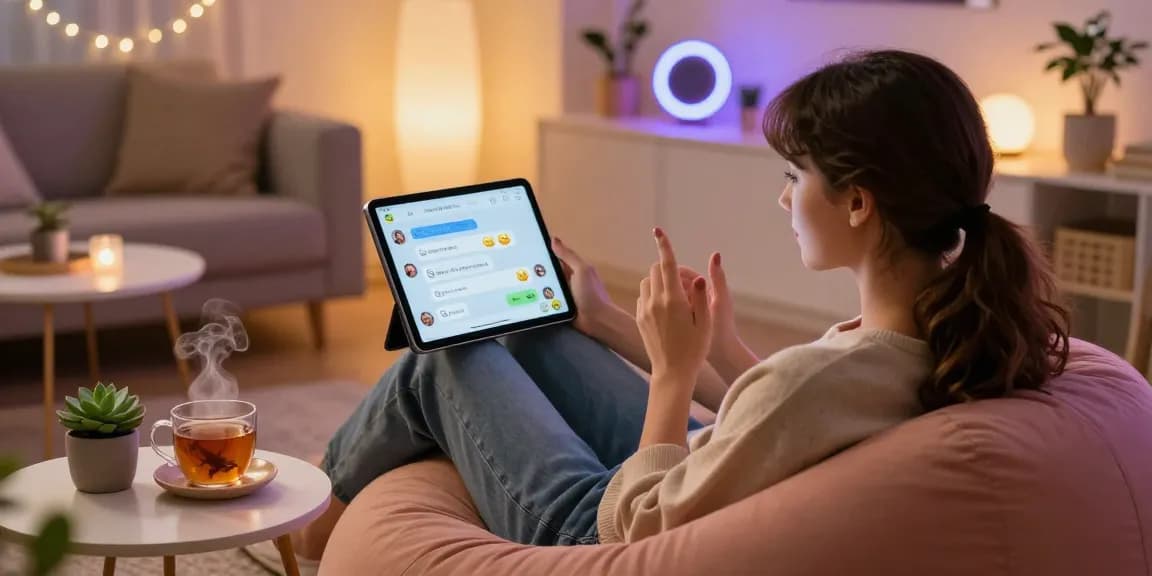 User chatting with an AI girlfriend on a tablet in a cozy digital lounge, showcasing a vibrant chat interface.