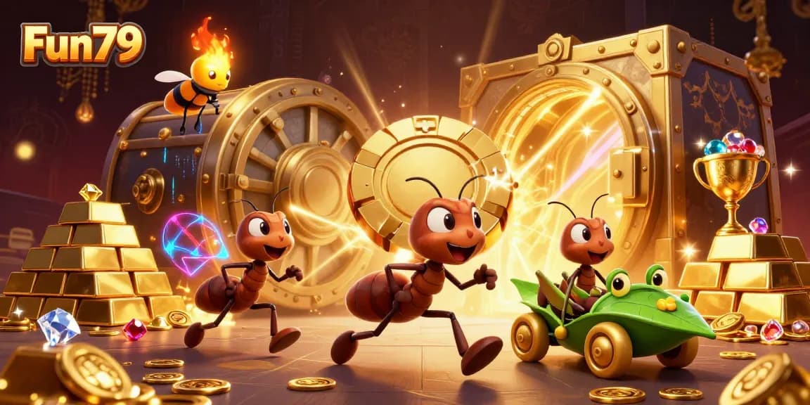 Fun79 lottery adventure, ants heist with golden poker chip amidst riches and treasure, exciting gaming imagery