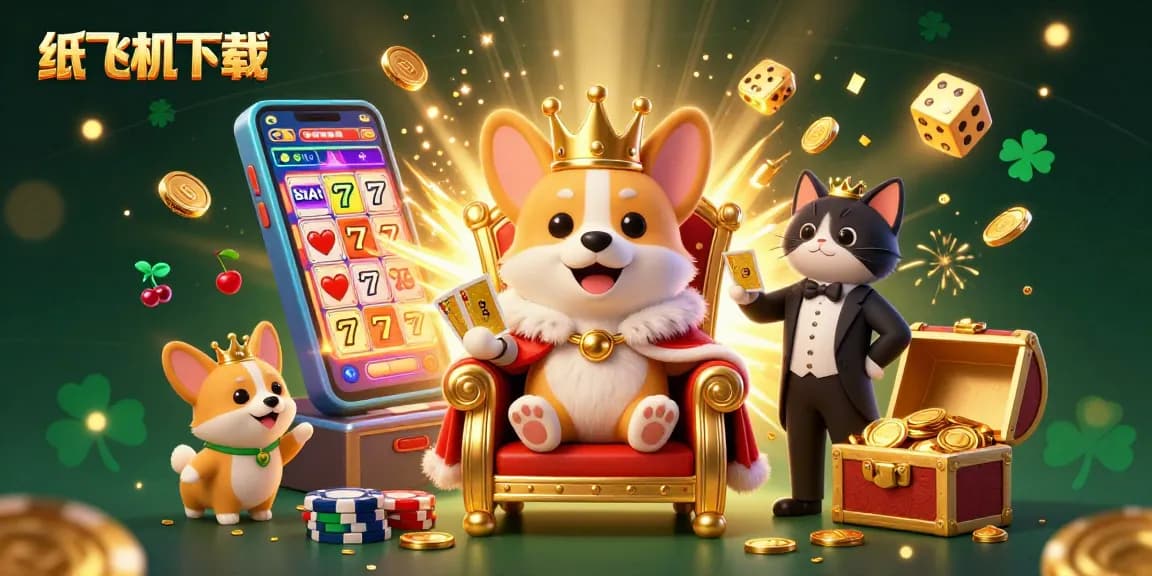 Experience the thrill of 纸飞机下载 with a vibrant casino scene featuring a royal corgi, playful casino elements, and golden treasures.