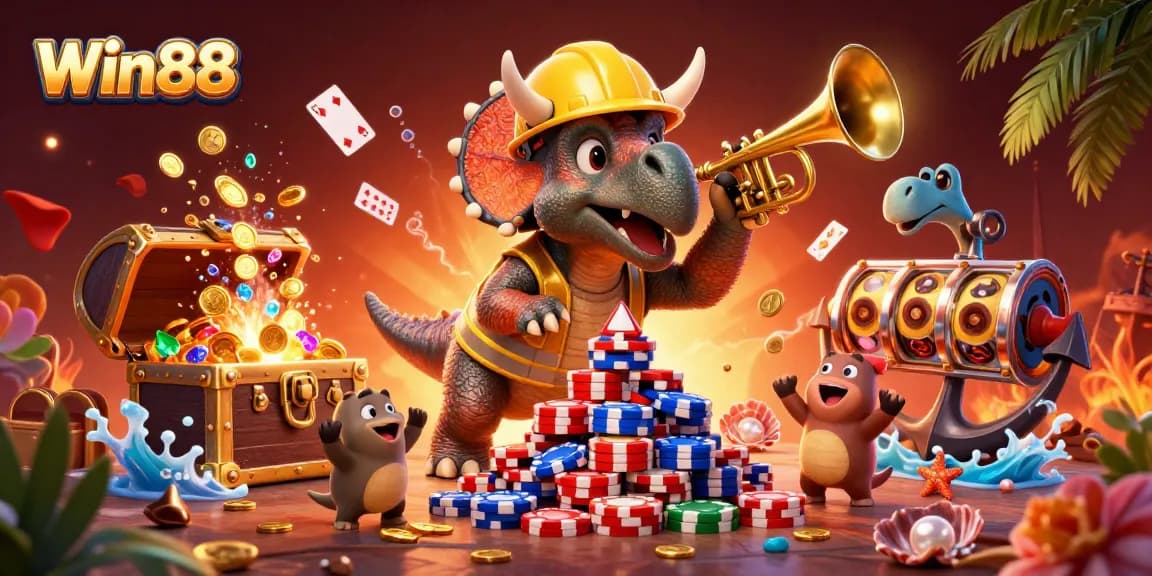 Win88 showcases a vibrant 3D illustration of a triceratops building poker chip pyramids amid underwater treasures.
