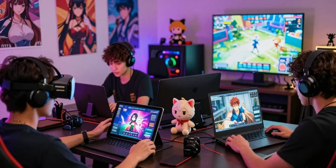 Engaged gamers enjoying various hentai games on different devices in a cozy gaming setup