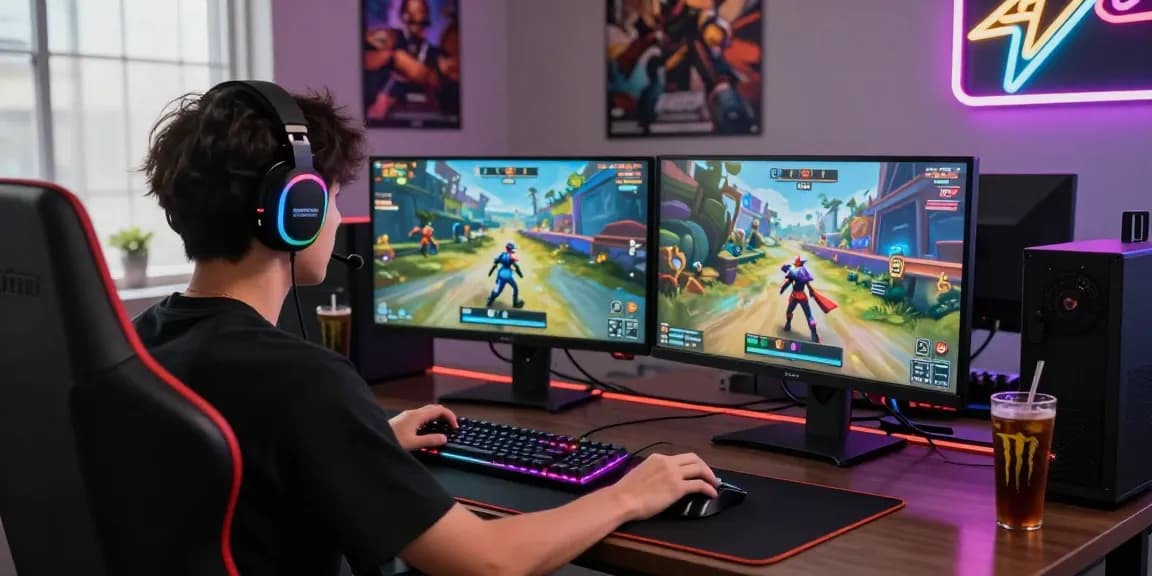 Exciting gaming setup showcasing bandarbola855 with vibrant graphics, dual monitors, and energetic lighting.