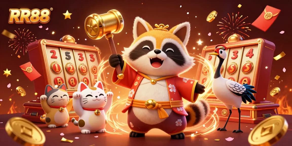 Engage with thrilling gameplay at RR88, featuring cheerful tanuki, lucky symbols, and slot reels.