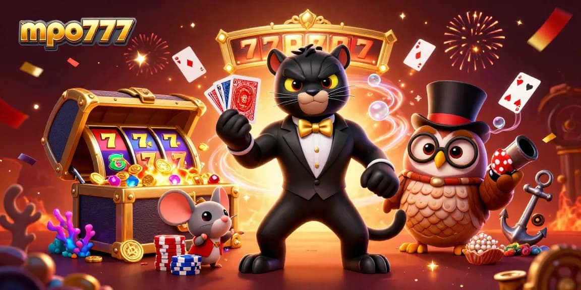 MPO777 features a stylish tuxedo-wearing black panther dealing cards amid jackpot reels and treasure.
