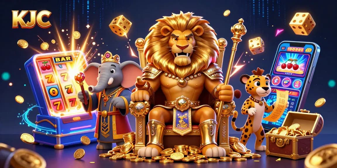 KJC players enjoy a vibrant casino scene with a lion king, elephant advisor, and cheetah messenger amidst winning symbols and jackpots.