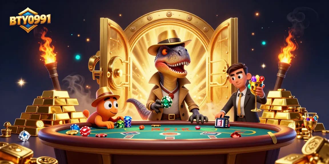 BTY0991 velociraptor counter at blackjack table among gold treasures.