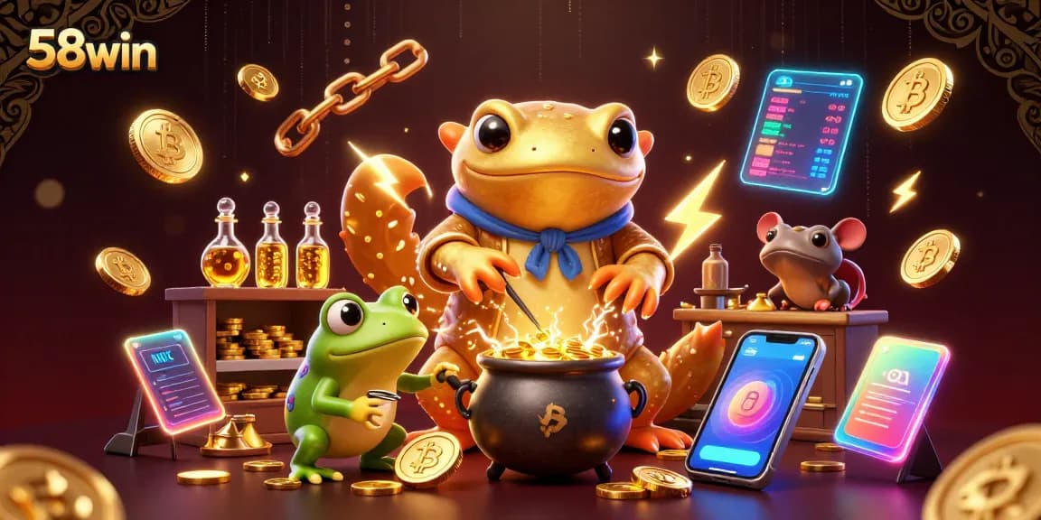 Experience the thrill of 58win with a vibrant casino-themed 3D illustration featuring gold coins and magical characters.