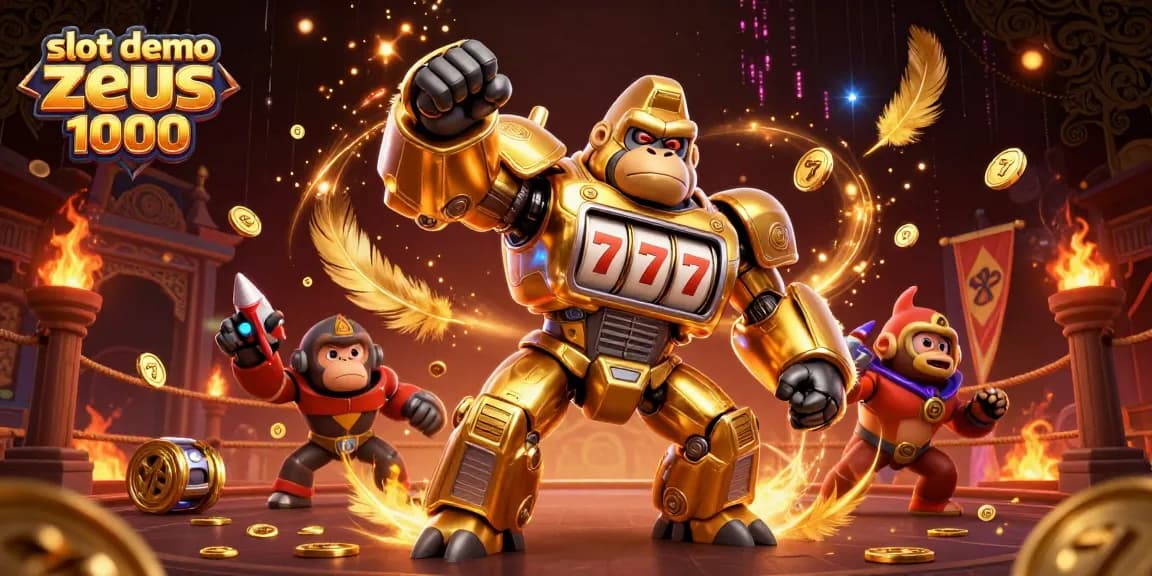Play dynamic slot demo zeus 1000 featuring a golden gorilla mech and vibrant casino elements.