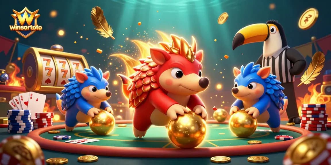 Engage with winsortoto in a vibrant scene of rival pangolins at a dynamic casino, rolling poker chips.
