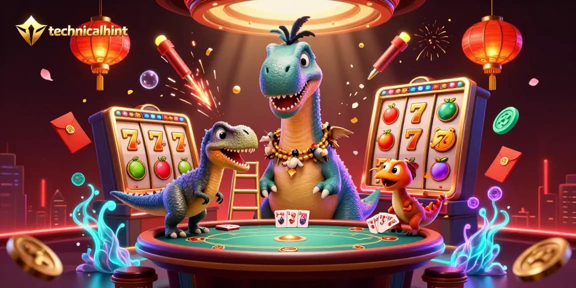 Engaging technicalhint visual showcasing a towering brontosaurus observing a lively slot game scene.