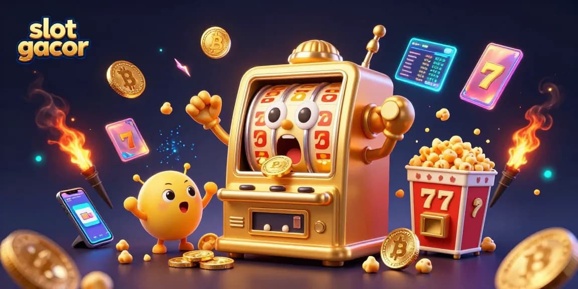 Slot gacor menampilkan mesin slot emas dengan koin berjatuhan dan suasana perjudian yang meriah.