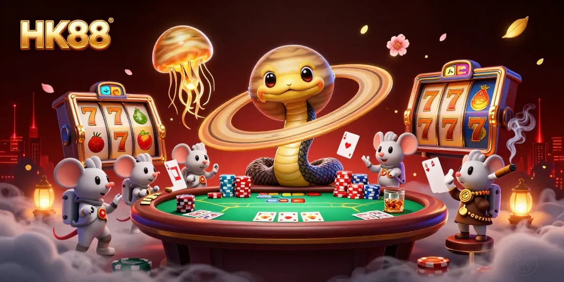 Bet on the dynamic HK88 scene featuring a cosmic dealer and vibrant gaming elements.