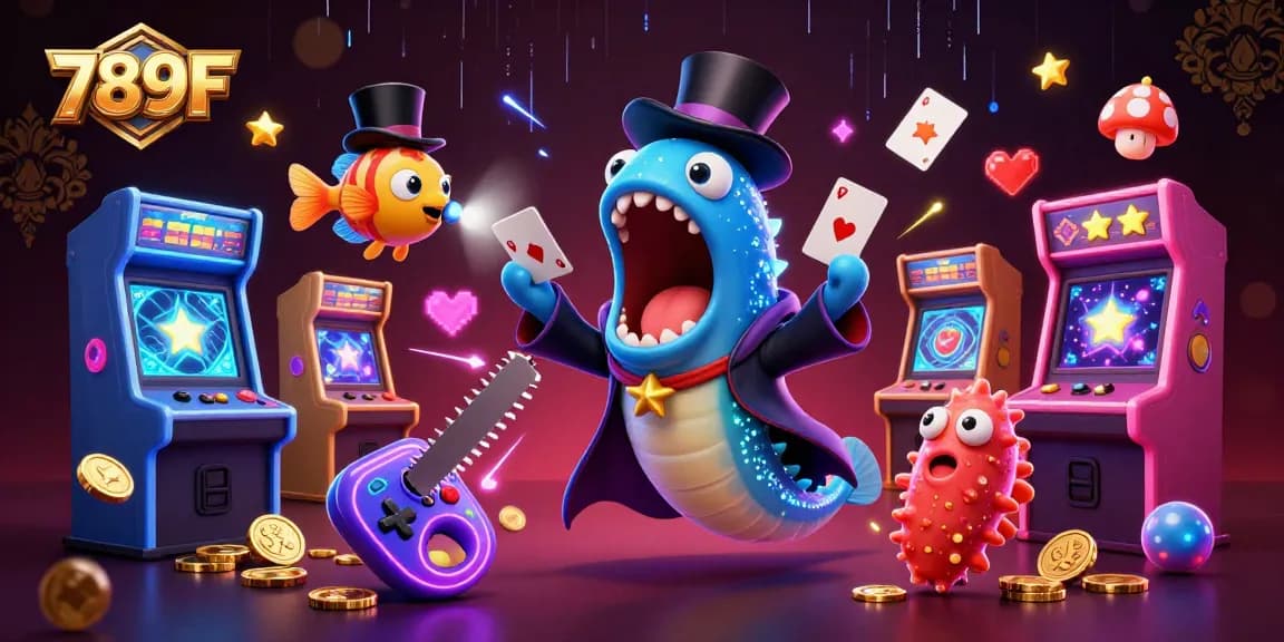 Experience thrilling magic in 789F with a deep-sea eel performing card tricks amidst vibrant gaming elements.