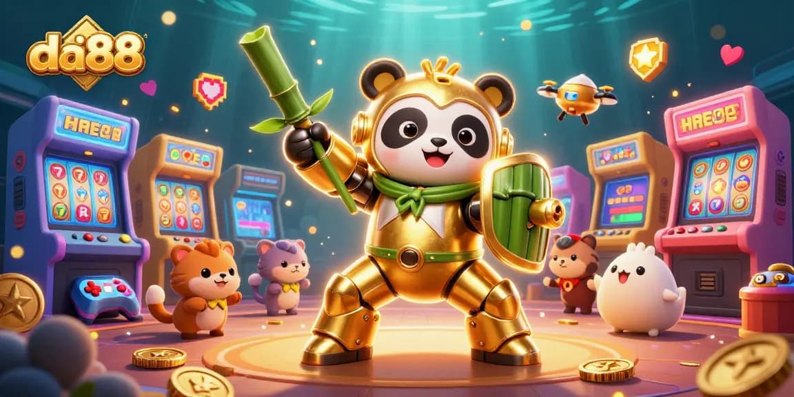 Experience thrilling da88 gameplay as a golden panda battles in a vivid casino arena.