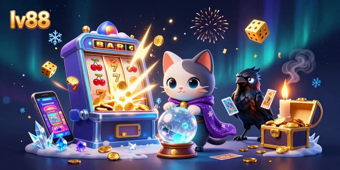 Experience the thrill of lv88 with a vibrant illustrated scene of a mystical cat and exciting casino elements.