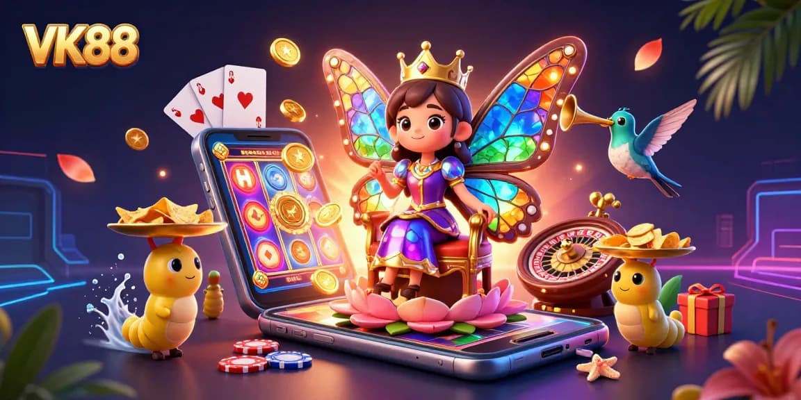 Experience the excitement of VK88 with a vibrant 3D casino illustration showcasing games and bonuses.