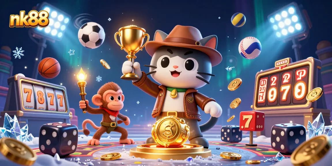 nk88 offers thrilling casino experiences with an explorer cat and monkey amidst golden artifacts.