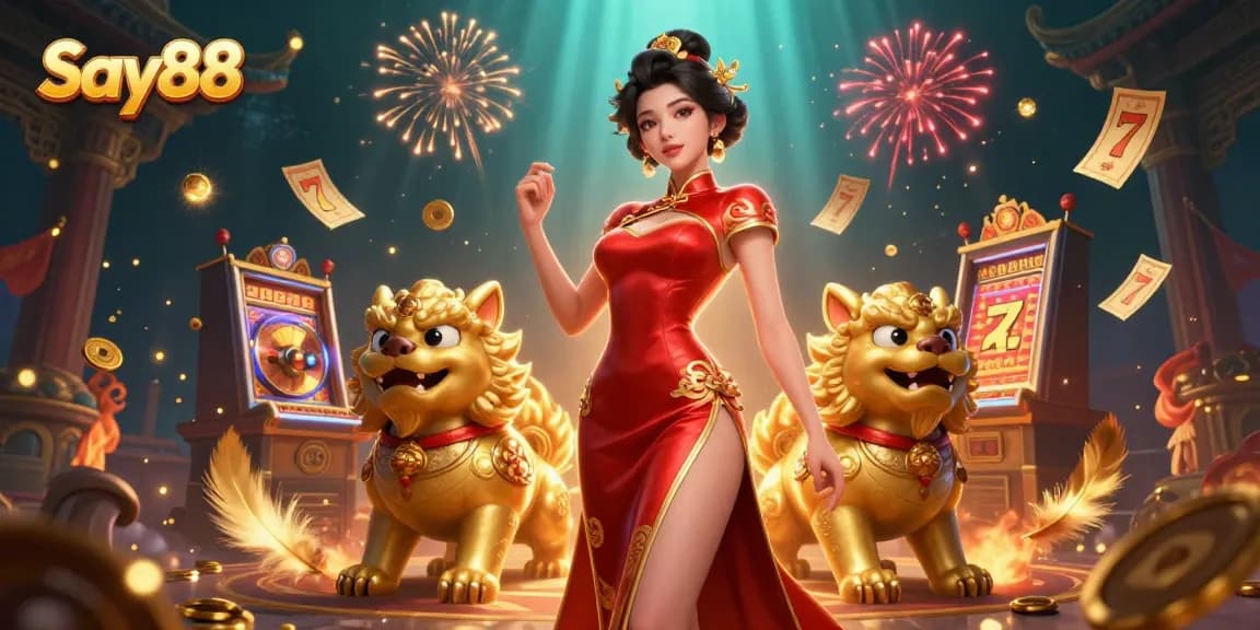 Experience thrill with Say88's luxurious casino scene filled with slot machines, gold coins, and festive fireworks.