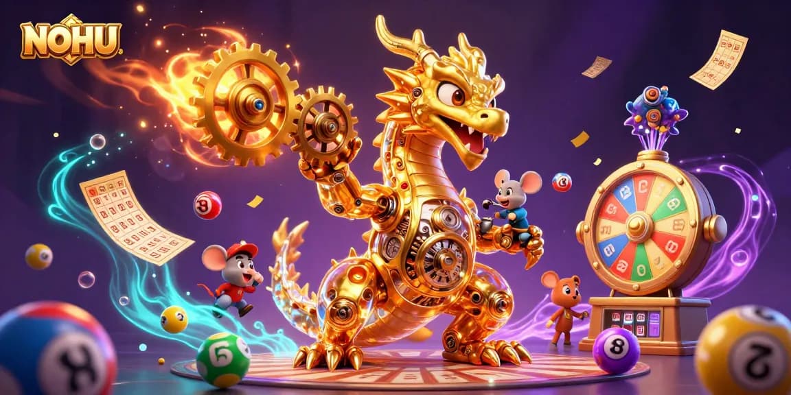 Experience the thrill of gaming at NOHU with an energetic illustration of a dragon amidst flying lottery balls and prizes.