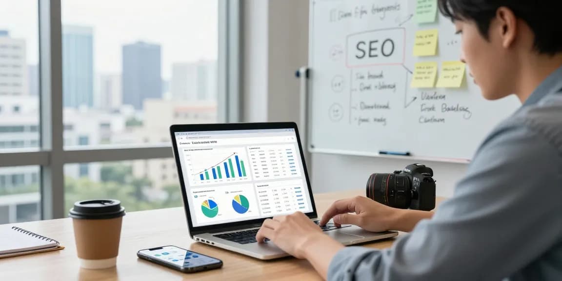 Expert analyzing SEO metrics for pbn link building service in modern workspace with city view.