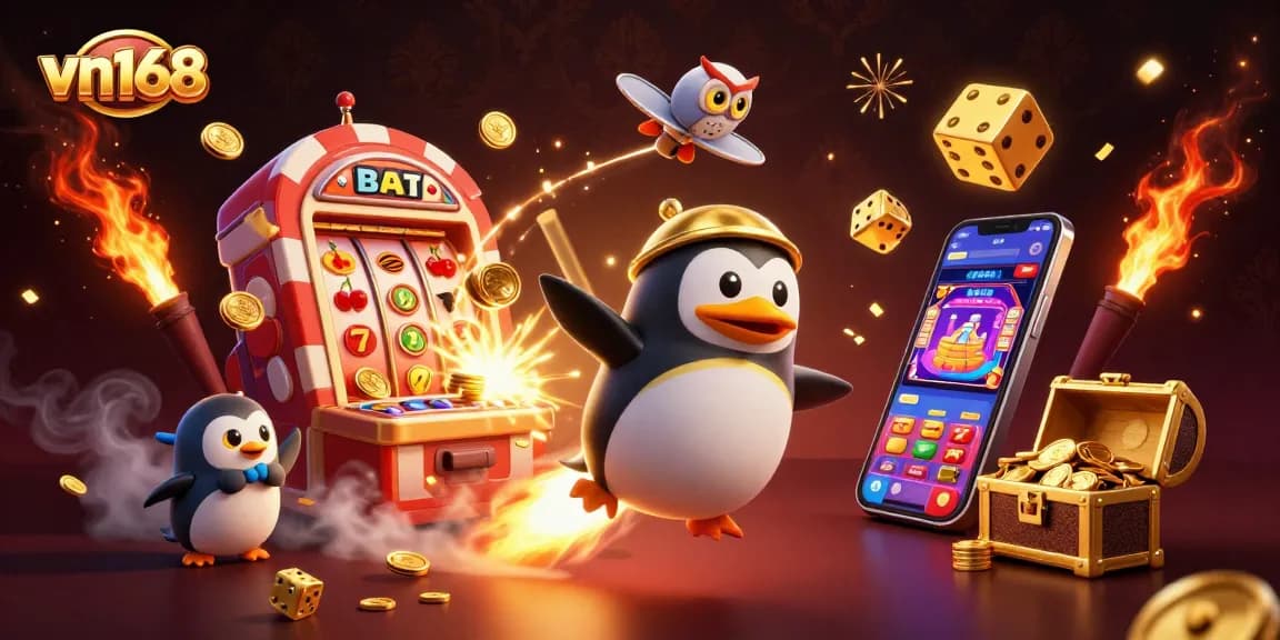 Experience the excitement of vn168 casino with a golden penguin and vibrant games in a captivating 3D illustration.