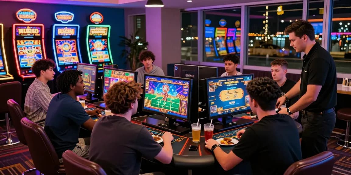 Players enjoying casino non AAMS games in a vibrant gaming lounge while engaging with a professional dealer.