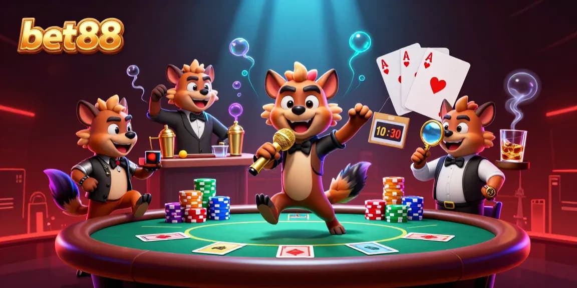 Experience high-energy fun at bet88 with animated hyenas in a casino scene featuring poker and vibrant decor.