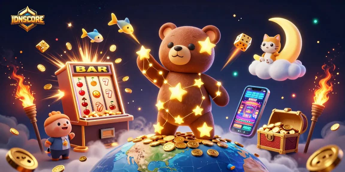 Engage with IDNSCORE's thrilling online slots surrounded by illustrated casino elements.