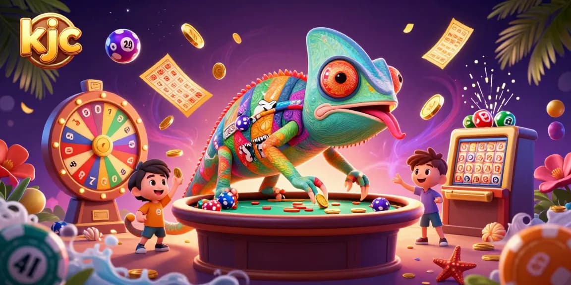 KJC chameleon casino owner interacts with colorful lottery elements in a vibrant, engaging online gambling scene.