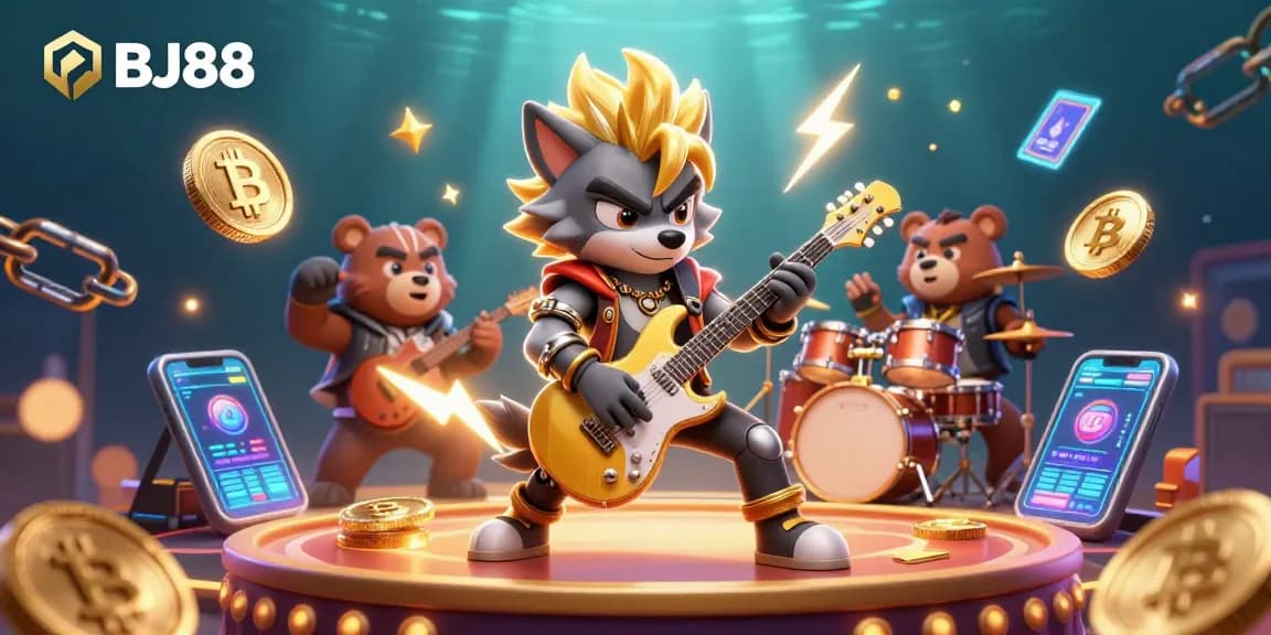 Experience the vibrant energy of BJ88 with a 3D wolf rock star performing on stage, surrounded by crypto elements.