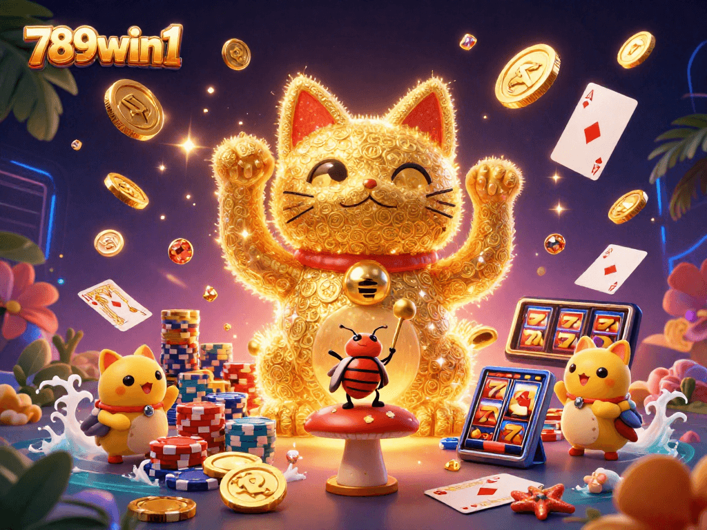 Increase your winnings with 789win1 at this dynamic gambling-themed illustration featuring a lucky cat.