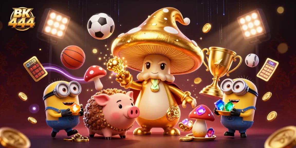 Engage in thrilling bets at BK 444 with vibrant sports elements and magical casino characters.
