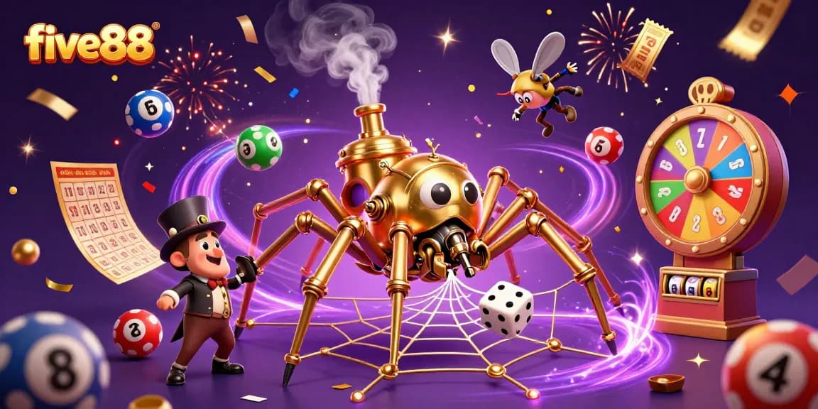Experience the thrill of five88 with a vibrant, colorful illustration of a casino scene.