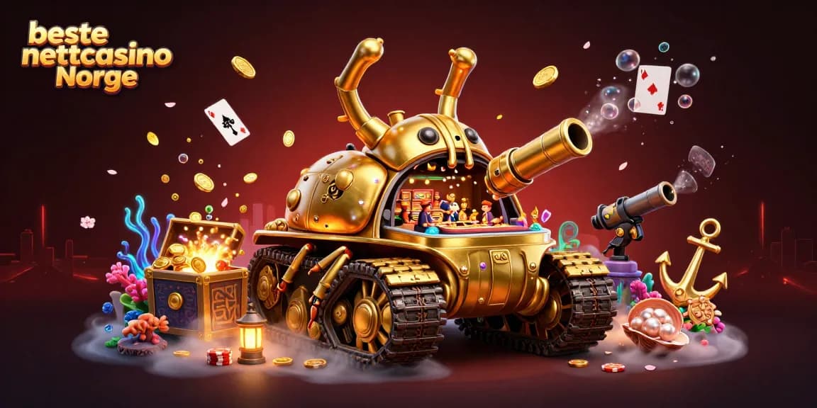 Opplev beste nettcasino Norge med en gyllen bille tank som åpner seg til en miniatyrcasino, omringet av fargerike skattekister og spillekort.