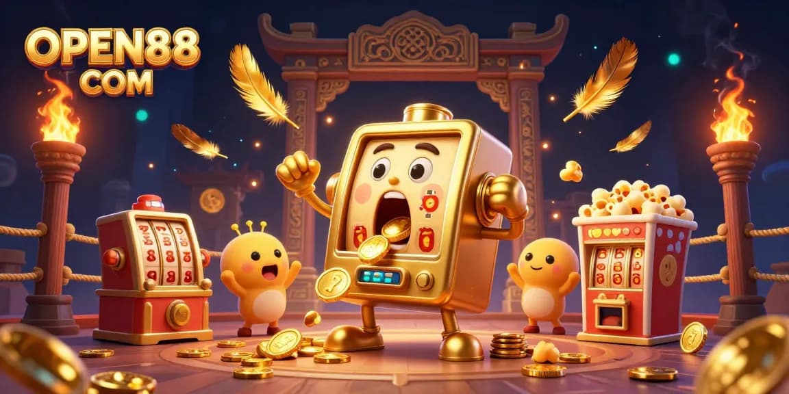 Jackpot celebration scene at OPEN88 COM with a golden slot machine and cheering baby slots.