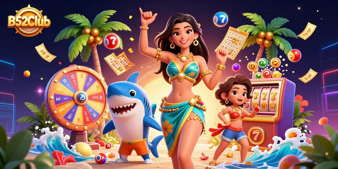 B52Club brings vibrant casino excitement, featuring a glamorous woman with a shark in a lively gaming scene.