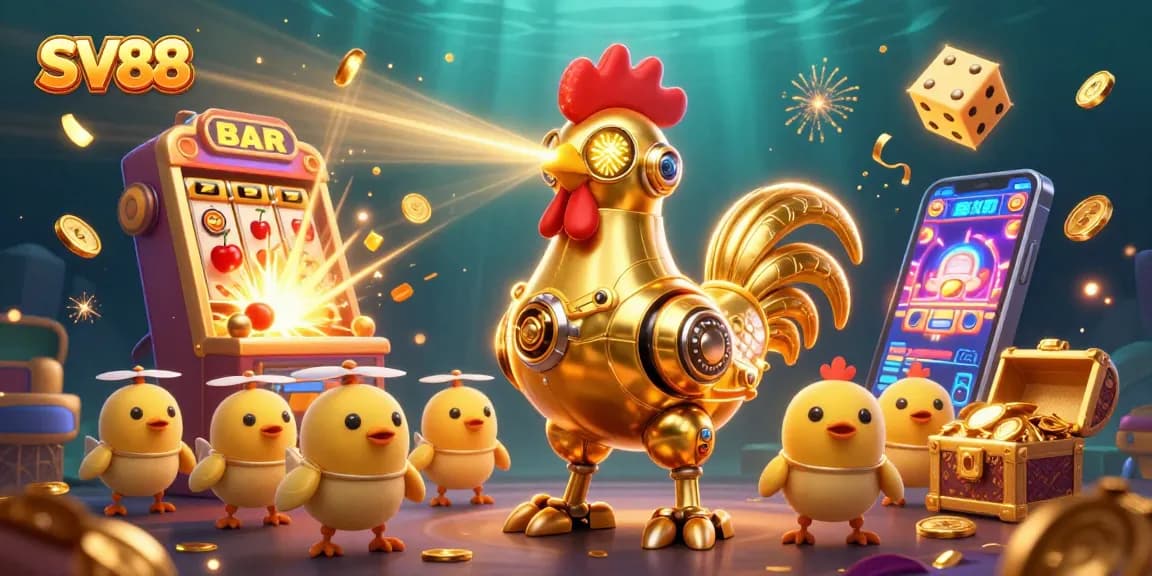 Experience SV88's vibrant gaming adventures with a golden rooster robot and baby chick drones amidst exploding jackpots.