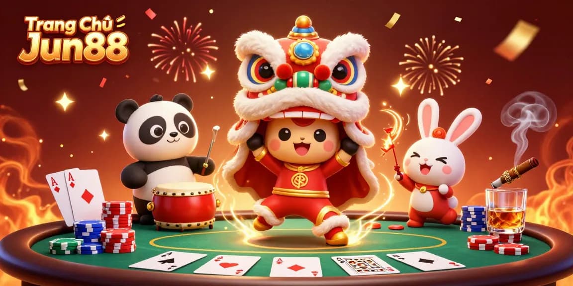 Engage with the excitement of Trang Chủ Jun88 at a vibrant casino celebration featuring lively characters.