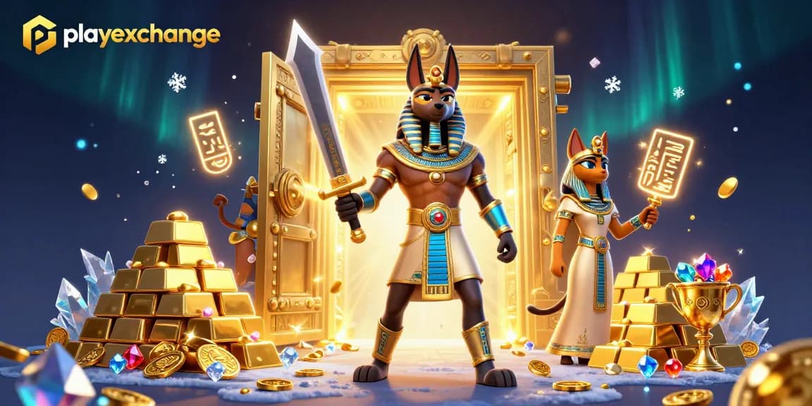 Experience the excitement of playexchange with Anubis and Bastet in a vibrant casino scene.