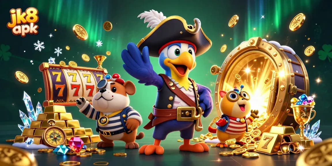 Experience the excitement of jk8 apk with vibrant 3D action showcasing slots and treasures.