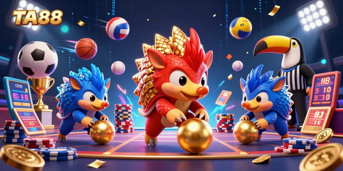 TA88 pangolins roll in golden balls while competing in a vibrant casino scene, showcasing exciting betting action.
