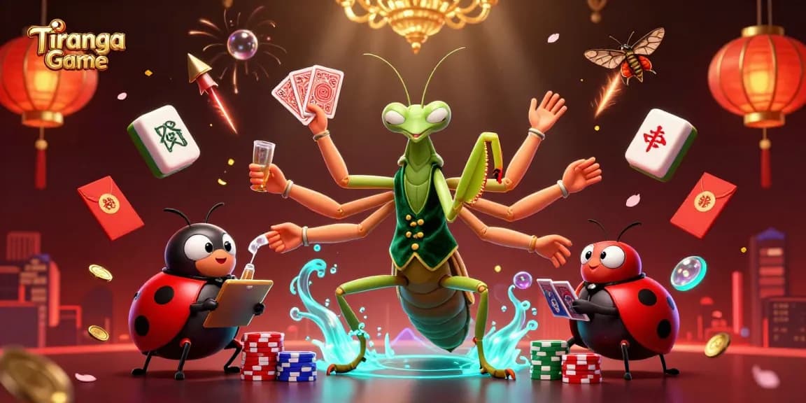 Tiranga Game, a lively 3D scene of a giant praying mantis card sharp and ladybug pit boss in an exciting online casino setting.