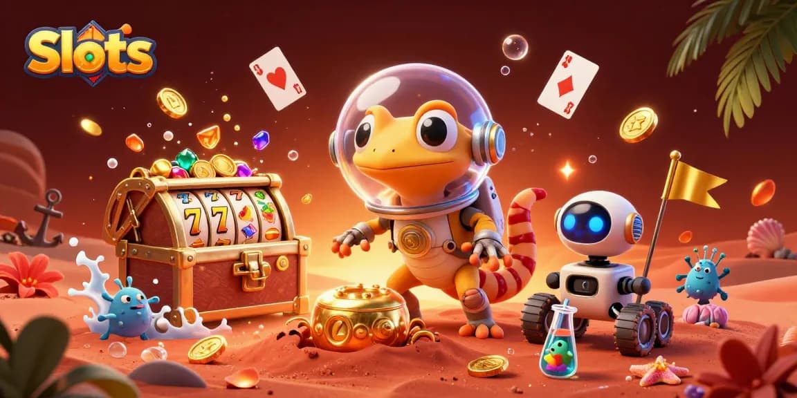 Slots top online casino game with a Martian gecko discovering treasure in a dynamic scene.