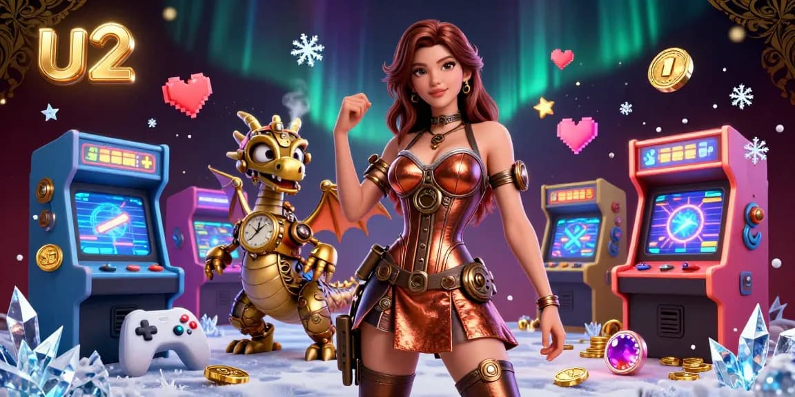 Play dynamic slot games at U2 Casino with a captivating 3D illustration showcasing vibrant gaming elements.